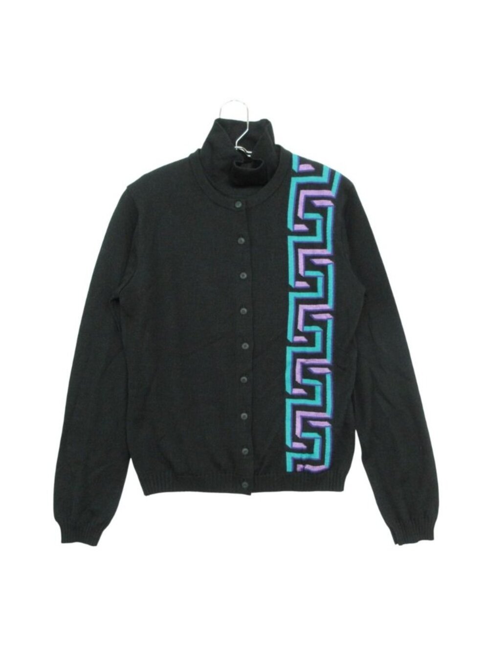 Versace Jeans Ensemble Gurkha Logo Knit Cardigan High Neck Top Long Sleeve Black